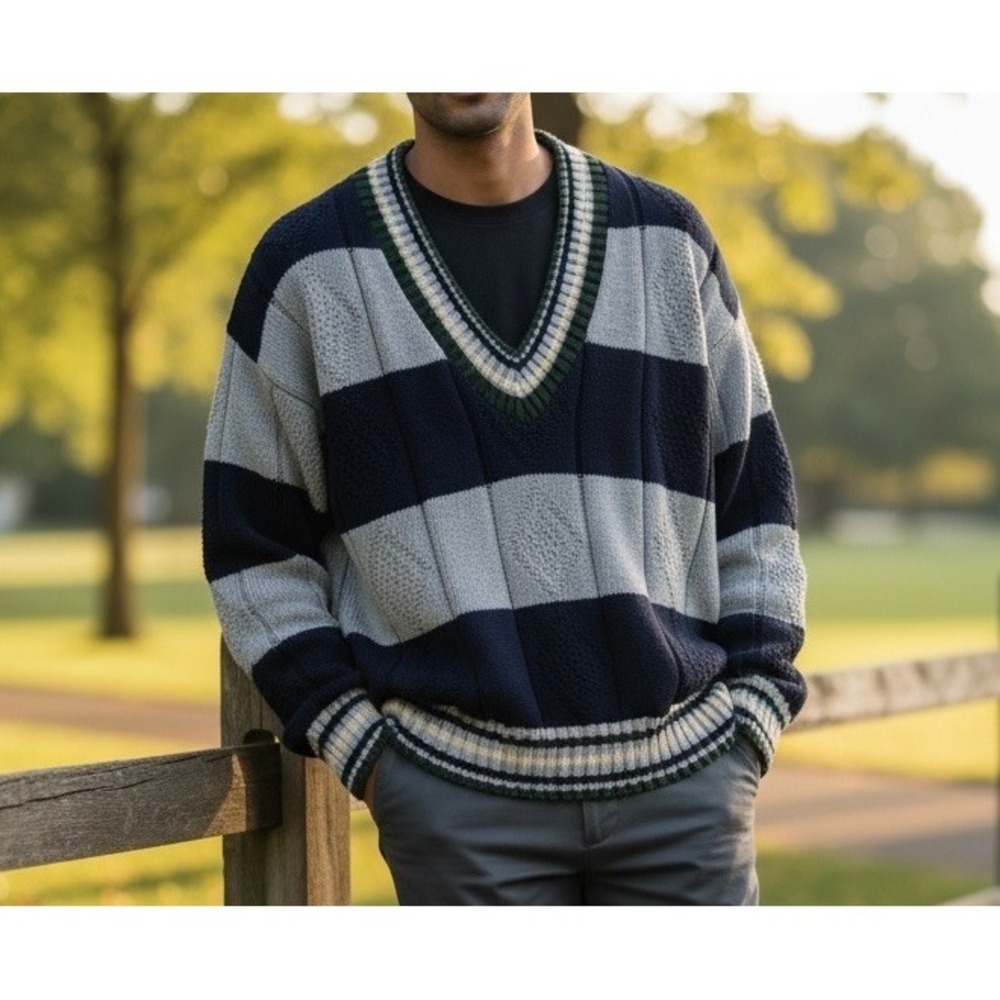 VTG 80s 90s Chunky Cable Knit Sweater Mens XL Varsity V Neck Preppy Collegiate